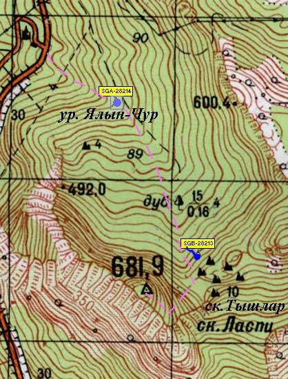 Карта с отметками каптажей в урочище Ялын-Чур