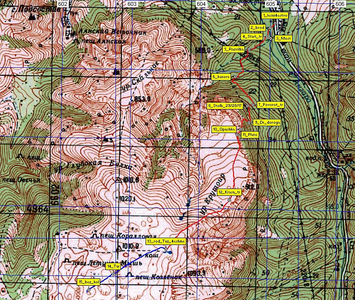 Схема маршрута Село Перевальное - возвышенность Курт-Баир - нижнее плато Чатырдага - пещера Бездонный Колодец